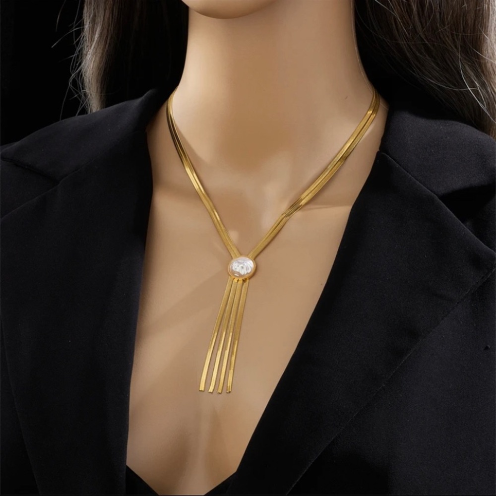 Chic & Stylish Stainless Steel Gold Tassel Faux Pearl Necklace Jewelry Accessory